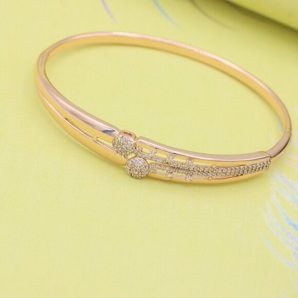 Rose Gold Bangle with Dual Crystal Circles & Geometric Design, XPBL0487 - Picture 5 of 11